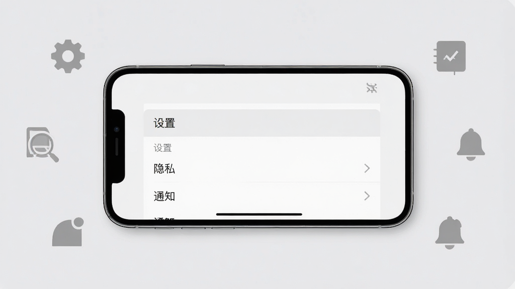 主体:手机横屏展示私爱应用设置界面,背景为浅灰色,界面有“设置”“隐私”“通知”等选项。布局:手机居中,周围有简洁的图标装饰。排版:设置列表清晰,字体易读。风格:简洁商务风,色调中性。画质:高清,干净。