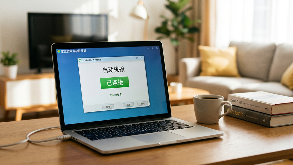 一幅展示“家庭宽带自动拨号器”在电脑上运行的实拍场景,画面中一台笔记本电脑放在书桌上,屏幕中显示软件主界面,界面清晰显示“已连接”状态,桌面上还有一杯咖啡和几本书。背景为明亮的客厅,光线充足,整体风格温馨,突出软件在家庭环境中的实用性。画面干净,无多余元素。