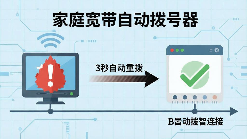 一幅展示“家庭宽带自动拨号器”自动重拨功能的示意图,画面左侧显示网络断开警告图标(红色感叹号),右侧同一时间轴显示软件自动发起拨号并成功连接(绿色对勾),中间用箭头连接,箭头旁标注“3秒自动重拨”。背景为淡蓝色技术网格,整体风格扁平化,构图清晰直观,重点突出自动重拨的速度与智能性。画面干净,无多余元素。