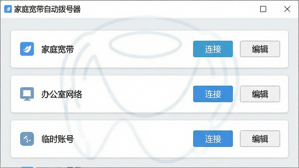 展示“家庭宽带自动拨号器”的多账号管理界面,画面中显示一个列表,包含“家庭宽带”、“办公室网络”、“临时账号”三个配置文件,每个配置项右侧有“连接”和“编辑”按钮。界面采用清爽的卡片式布局,背景为淡灰色,顶部有软件名称“家庭宽带自动拨号器”字样。整体风格简洁实用,突出多账号切换的便利性,画质清晰干净。