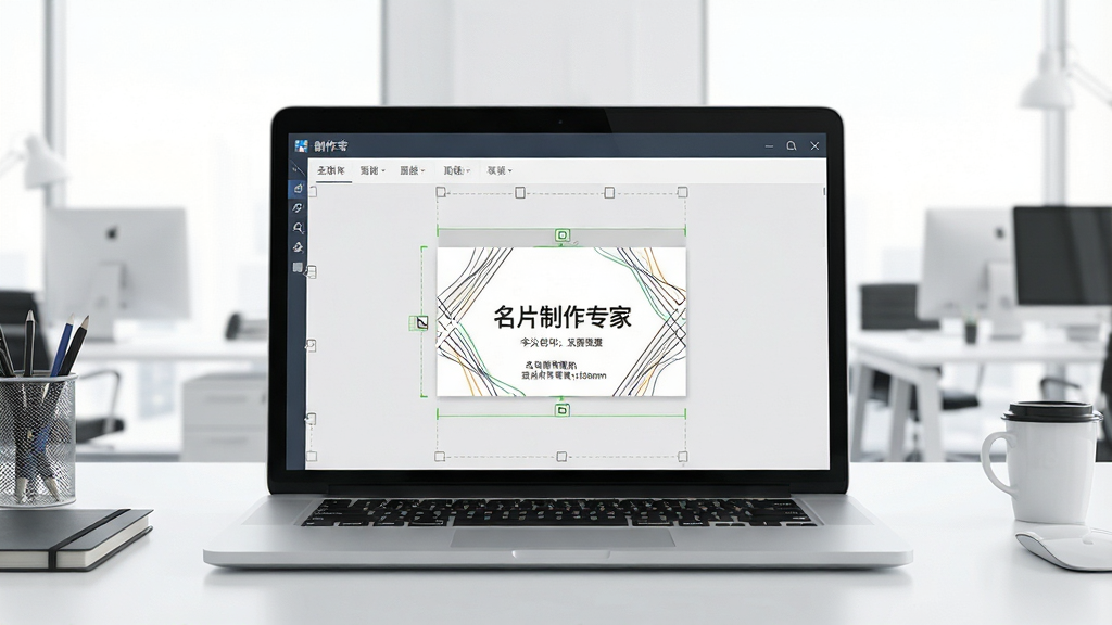 一张现代办公桌上的笔记本电脑屏幕显示名片制作专家软件界面,界面中有一张正在编辑的商务名片,名片上印有“名片制作专家”字样和简洁的线条图案,桌面整洁,背景是明亮的办公室环境,整体风格干净、专业,画质清晰,排版居中,细节丰富,无多余元素。