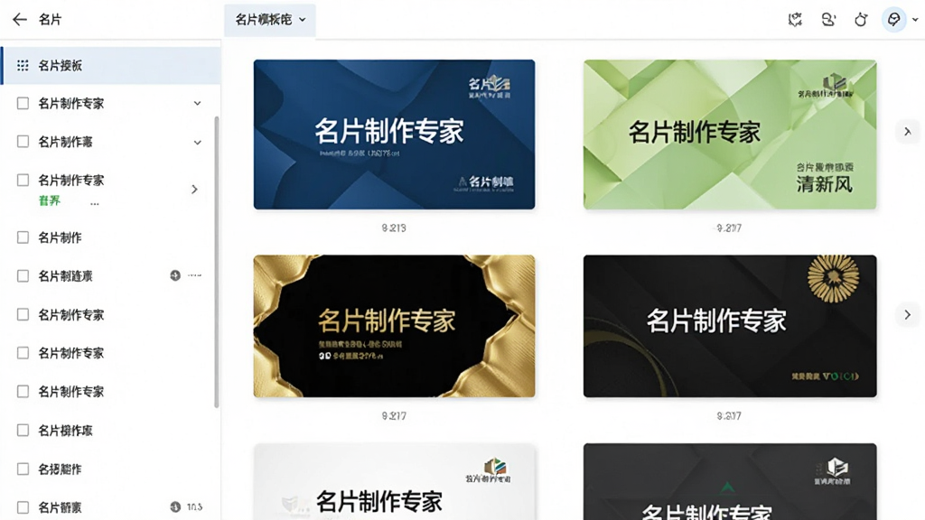 名片制作专家软件模板库界面,左侧分类列表,右侧展示各种风格的名片模板缩略图,有深蓝色商务风、浅绿色清新风、黑金奢华风等,每张缩略图上都标注“名片制作专家”字样,界面干净,排版整齐,色彩明快,细节清晰,画质高。