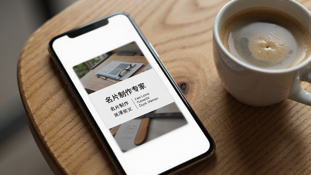 手机屏幕显示一张名片制作专家导出的高清名片图片,名片上印有“名片制作专家”字样,手机旁边放着一杯咖啡,背景是木质桌面,画面柔和,细节丰富,风格简约,画质清晰。