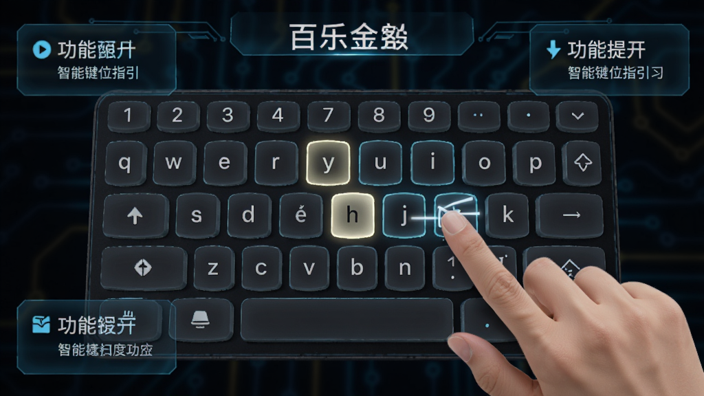 展示百乐财务金额小键盘打字练习的智能键位指引功能,虚拟小键盘上高亮显示下一个按键,同时有手指动画演示敲击动作,界面周围有功能说明文字框,风格科技感十足,布局集中,排版整洁,细节丰富,画质高清,无多余元素