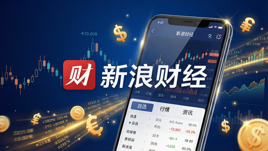 主体:一部智能手机屏幕显示新浪财经APP界面,屏幕中央有“新浪财经”四个大字和红色的品牌标志,背景是简洁的K线图和数据面板。布局:手机位于画面中央偏右,周围环绕着金色的数据流和闪烁的货币符号,营造出金融科技感。排版:手机界面清晰展示“自选”“行情”“资讯”三个主要板块,文字排版整齐。风格:现代科技感,背景采用深蓝色渐变,突出金融行业的专业与稳重。细节:手机屏幕反射出微光,数据流带有数字和图表,光线明亮,色彩对比鲜明。画质:8K超高清,画面干净,无多余元素。