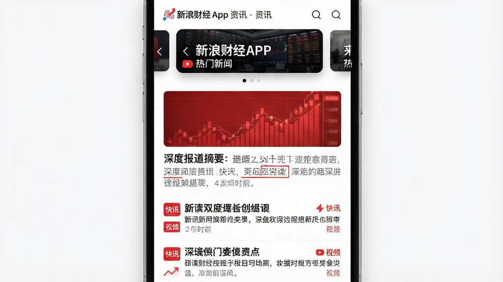 主体:新浪财经APP的资讯页面,屏幕中央显示一篇深度报道的文章摘要,配有一张红色的财经图表。布局:采用瀑布流布局,顶部是轮播图展示热门新闻,下方是资讯列表,每条新闻包括标题、摘要和发布时间。排版:标题字体加粗,摘要文字为灰色,整体布局清爽。风格:现代简约,背景为白色,文字以黑色为主,红色点缀。细节:每篇文章配有小图标,如“快讯”“解读”“视频”等标签。画质:超高清,画面干净,无多余元素。