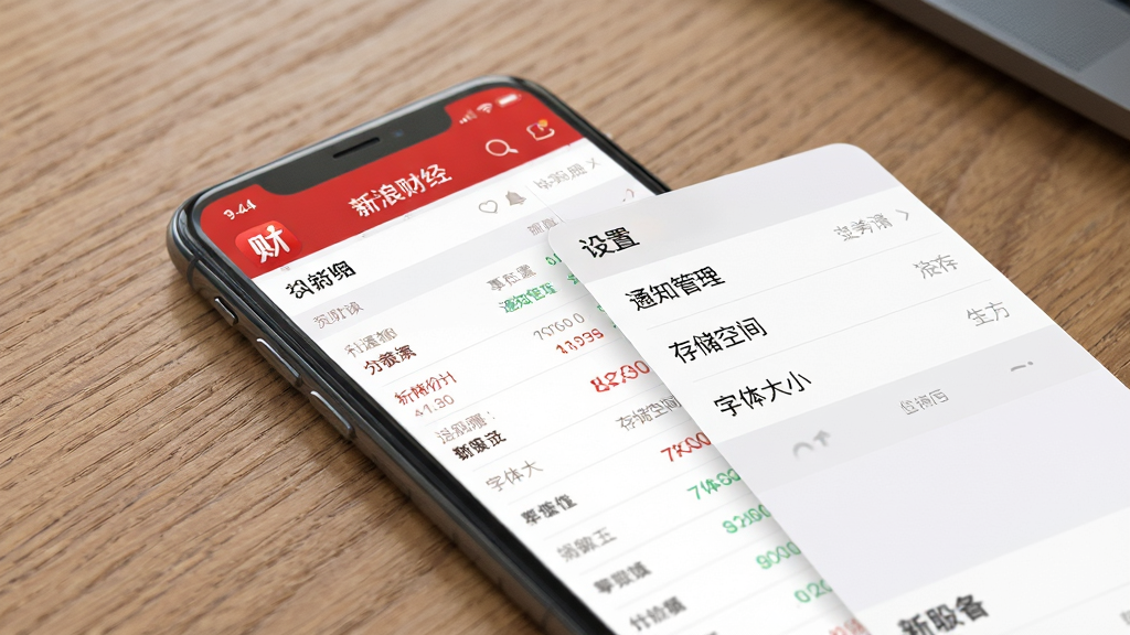 主体:一部手机正在运行新浪财经APP,屏幕显示行情列表,旁边有“设置”菜单展开。布局:手机放在桌面,屏幕朝向用户,设置菜单在屏幕右侧。排版:设置菜单列出“通知管理”“存储空间”“字体大小”等选项。风格:写实风格,桌面有木纹纹理。细节:手机屏幕有红色的新浪财经图标,菜单文字清晰。画质:高清,画面干净。
