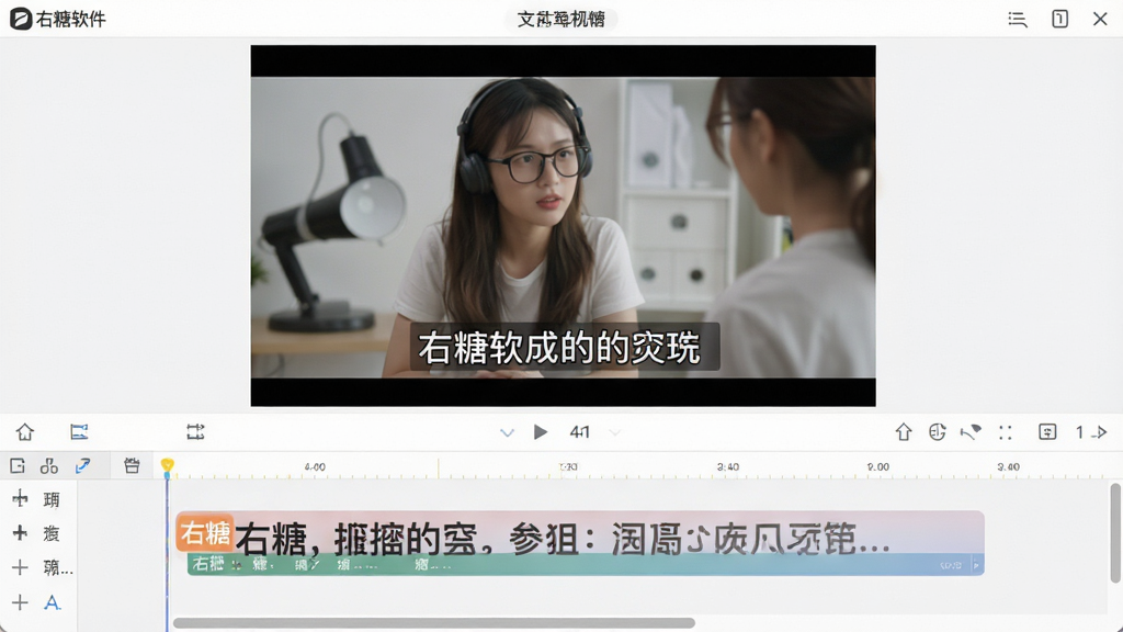 主体:右糖软件的字幕编辑界面,显示自动生成的文字轨道。布局:预览窗口显示视频画面与字幕,下方为字幕文本编辑区。排版:字幕清晰突出,编辑区有对齐工具。风格:专业且简洁。细节:字幕带有淡入淡出动画效果,高亮显示“右糖”品牌标识。画质:高清,干净,无多余元素。