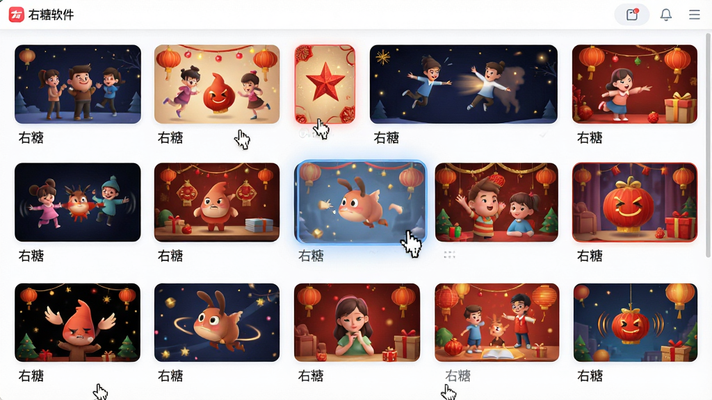 主体:右糖软件的模板选择界面。布局:网格状展示多个动画模板缩略图,每个缩略图下方标注“右糖”模板名称。排版:整齐排列,鼠标悬停突出显示。风格:清新明亮,界面友好。细节:模板预览图包含动态效果示意和节日元素。画质:高清,干净,无多余元素。