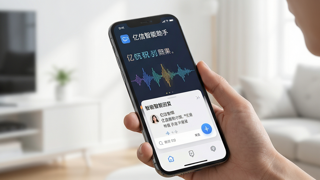 主体:用户对着手机说话,手机屏幕显示语音波形和“亿信智能助手”的响应界面。布局:用户手部特写与手机屏幕同框,背景为简约室内环境。排版:屏幕中显示语音识别文字和智能回复卡片。风格:写实与科技结合,光线明亮。细节:语音波形动态效果,界面清晰展示“亿信智能助手”名称。画质:高清,干净无多余元素。
