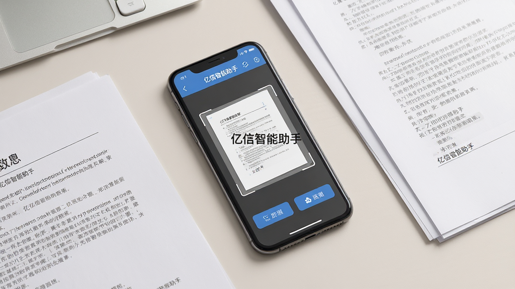 主体:办公桌上摆放手机和纸质文件,手机屏幕显示文档扫描界面,带有“亿信智能助手”水印。布局:俯拍视角,文件与手机错落摆放。排版:屏幕中显示扫描预览和功能按钮。风格:商务简约风,色调柔和。细节:文件上的文字清晰可见,手机界面显示“亿信智能助手”字样。画质:高清,干净无多余元素。