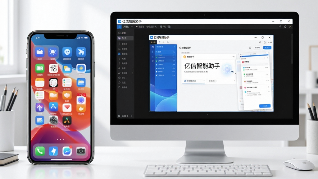 主体:手机和电脑并排展示亿信智能助手的界面,手机显示主屏幕,电脑显示模拟器窗口。布局:左右构图,背景为简洁工作台。排版:设备屏幕均显示“亿信智能助手”界面。风格:科技感,光线充足。细节:模拟器窗口带有“亿信智能助手”标题栏。画质:高清,干净无多余元素。