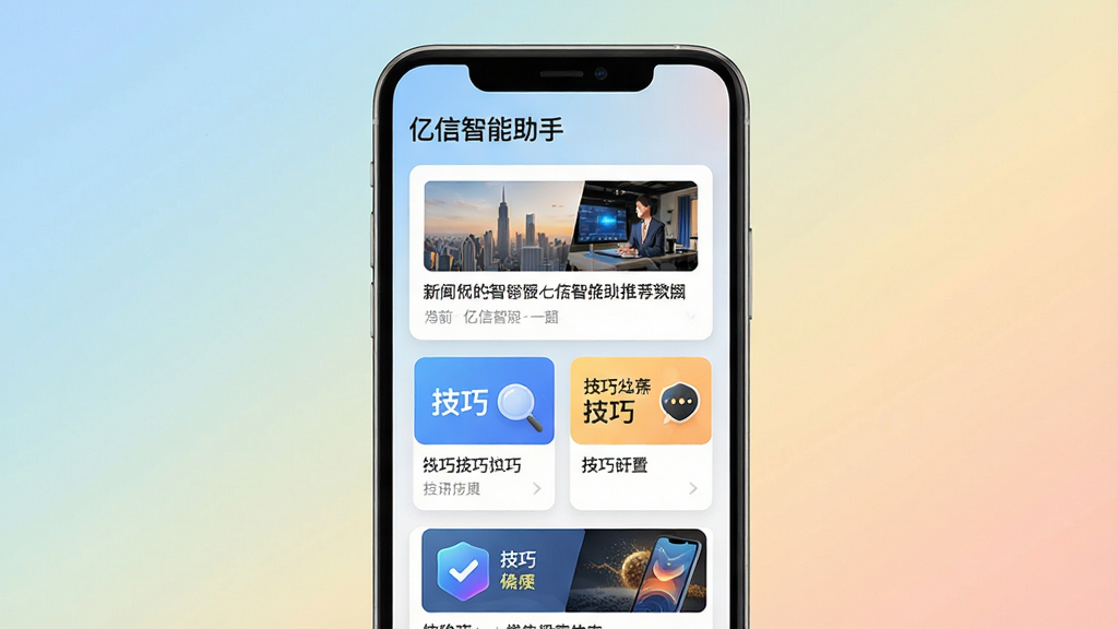 主体:手机屏幕展示亿信智能助手的推荐资讯列表,包含新闻、技巧卡片。布局:屏幕居中,背景为淡雅渐变色。排版:卡片式布局,图文结合。风格:现代简约,色彩明快。细节:屏幕顶部显示“亿信智能助手”名称,推荐内容带缩略图。画质:高清,干净无多余元素。