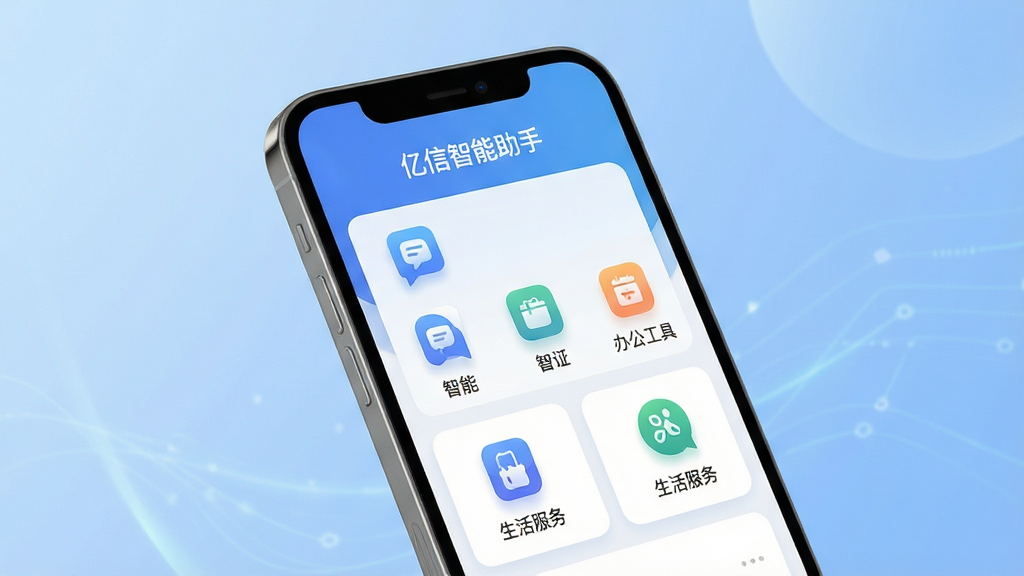 主体:手机屏幕展示亿信智能助手主界面,界面简洁现代,包含智能对话、办公工具、生活服务等模块图标。布局:居中构图,手机略微倾斜,背景为柔和的渐变蓝色。排版:界面图标排列整齐,文字标签清晰。风格:科技感、扁平化设计。细节:屏幕中显示“亿信智能助手”字样,图标带有轻微阴影。画质:高清渲染,干净无多余元素。