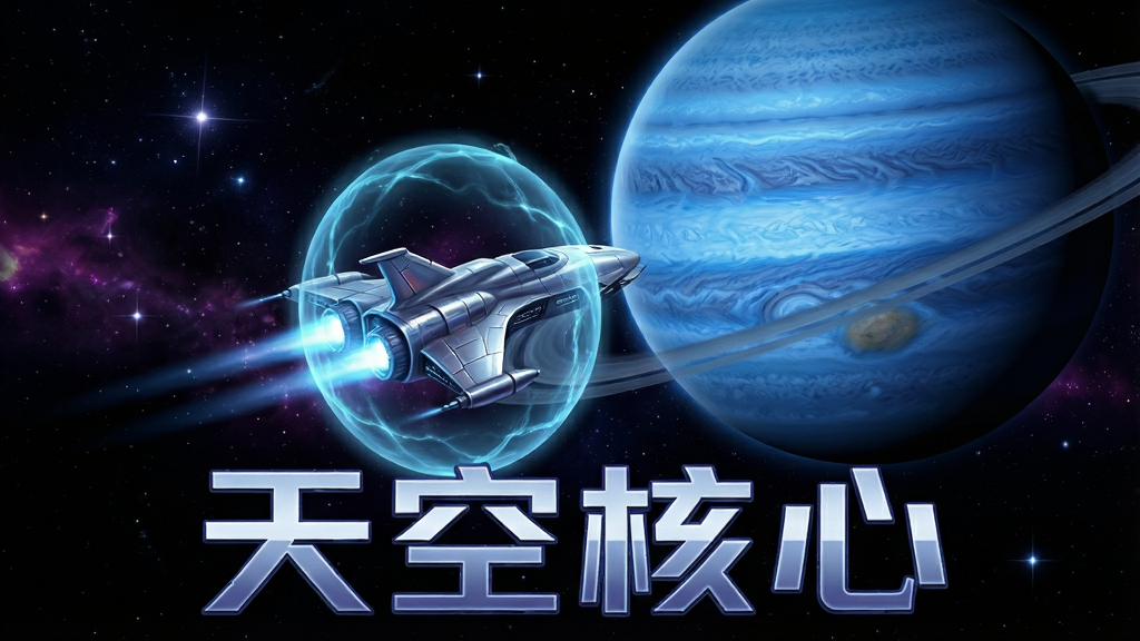 一张充满科技感的星际探索游戏宣传图,画面中央是一艘造型独特的银色飞船,正缓缓驶向一颗巨大的蔚蓝色气态行星,背景是深邃的黑色太空,点缀着无数闪烁的星辰和星云,飞船周围有淡蓝色的能量护盾光晕,画面底部是游戏标题“天空核心”四个大字,字体为科幻风格,整体布局饱满,色彩以深蓝、紫色和亮银色为主,强调宇宙的壮丽与神秘,细节刻画丰富,画质清晰干净,无多余元素。