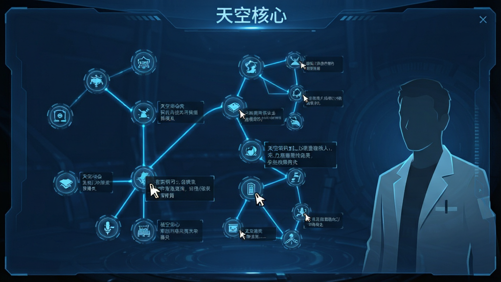 一张科技树研究界面图,界面以深蓝色半透明面板为背景,上面排列着许多发光的节点图标,每个图标代表不同的科技,节点之间由亮蓝色的线条连接,形成树状结构,玩家鼠标悬停在一个节点上,显示出详细说明,界面右侧有一个科研人员的半身像剪影,整体风格未来感十足,UI设计精致,布局清晰,画质干净,无多余元素,顶部有“天空核心”字样。
