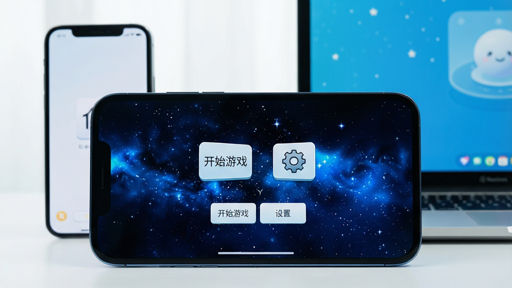 一张手机或电脑上运行游戏的实拍图,画面为游戏主界面,背景是星空,中央有“开始游戏”和“设置”按钮,界面简洁,图标清晰,旁边有一部智能手机和一台笔记本电脑,展示多平台支持,整体色调明亮,风格现代,画质清晰,无多余元素。