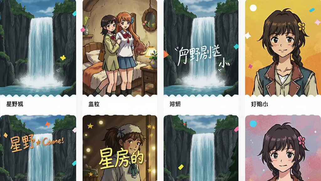 星野剧情房间列表,多样题材封面,瀑布流布局,色彩鲜明,风格活泼,现代UI设计,画质清晰,干净无多余元素