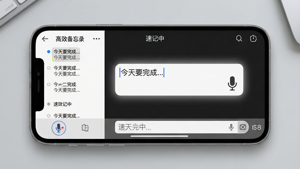 主体:手机横屏展示“高效备忘录”的速记模式界面,底部有麦克风图标和文字输入框,顶部有“速记中”字样。布局:界面左侧为笔记列表缩略图,右侧为当前编辑区,背景为浅灰色工作台。排版:信息层级分明,输入框居中高亮,周围有柔和阴影。风格:写实UI截图风格,光影自然,细节真实。细节:输入框内有示例文字“今天要完成...”,麦克风图标旁有红色圆点表示录音待命。画质:超清,干净,无多余元素。