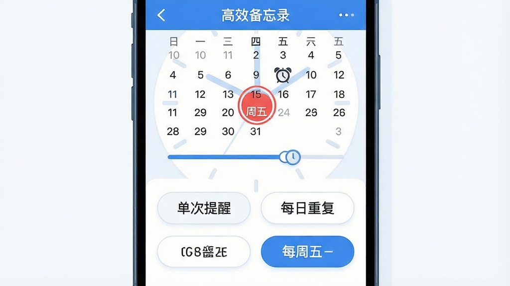 主体:手机屏幕显示“高效备忘录”的提醒设置界面,有一个日历表盘和多个时间滑块。布局:日历占据上半屏,下方排列着“单次提醒”“每日重复”等选项按钮,当前选中“每周五”。排版:界面清爽,按钮为圆角矩形,色彩以蓝白为主。风格:扁平化UI插画风格,图标简洁直观。细节:日历上“周五”字样有高亮红圈标注,旁边有闹钟小图标。画质:高清,干净,无多余元素。