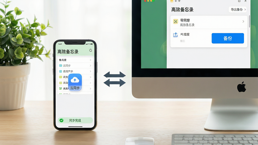 主体:一部手机和一台电脑并排展示,屏幕均显示“高效备忘录”的界面,手机上有“云同步”图标,电脑上有“备份”按钮。布局:手机在左,电脑在右,背景为浅木色桌面,有绿色植物点缀。排版:两者屏幕内容清晰可见,中间有双向箭头表示同步。风格:清新自然光效,真实场景摄影风格。细节:屏幕中显示笔记列表,电脑端有“导出备份”按钮,手机端有“同步完成”字样。画质:超清,干净,无多余元素。