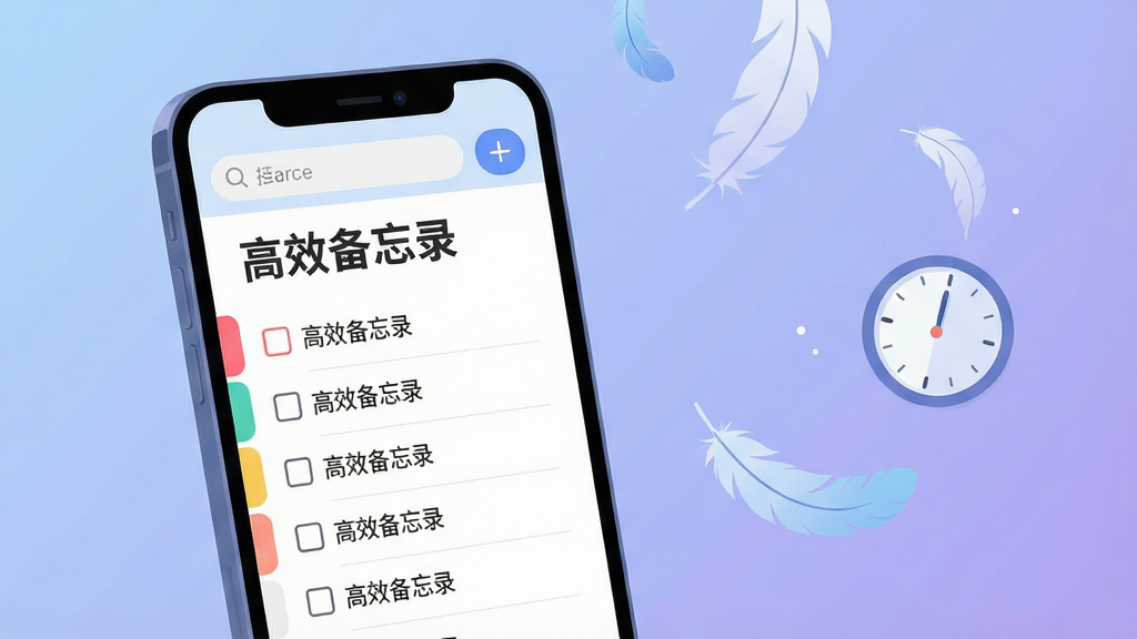 主体:一部亮屏的智能手机,屏幕中央清晰显示“高效备忘录”应用界面,界面中有整齐的彩色分类标签和待办清单。布局:手机位于画面中心偏左,右侧留白处悬浮着几片轻盈的羽毛和时钟元素,象征便捷与准时。排版:手机屏幕内容占据视觉焦点,背景为柔和的渐变蓝紫色,干净明亮。风格:扁平化现代插画风格,色彩明快,细节精致。细节:屏幕上的文字“高效备忘录”清晰可读,清单条目带有小方框对勾,顶部有搜索栏和新建按钮。画质:高清渲染,干净,无多余元素。