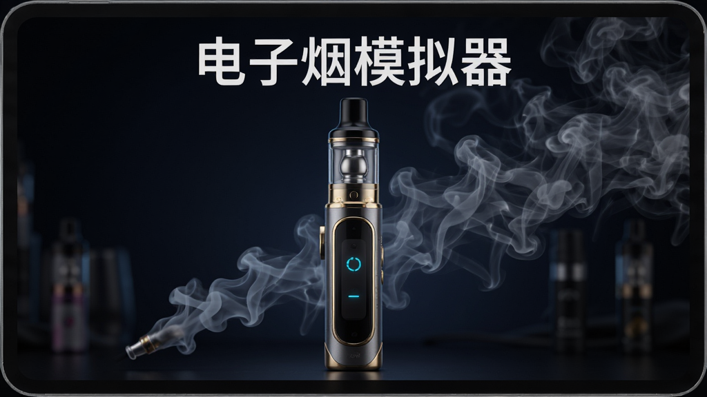 电子烟模拟器主界面,一台炫酷的电子烟设备居中展示,屏幕上方显示“电子烟模拟器”字样,背景为深色渐变,烟雾缭绕,界面简洁现代,高清渲染,画质细腻,干净无多余元素