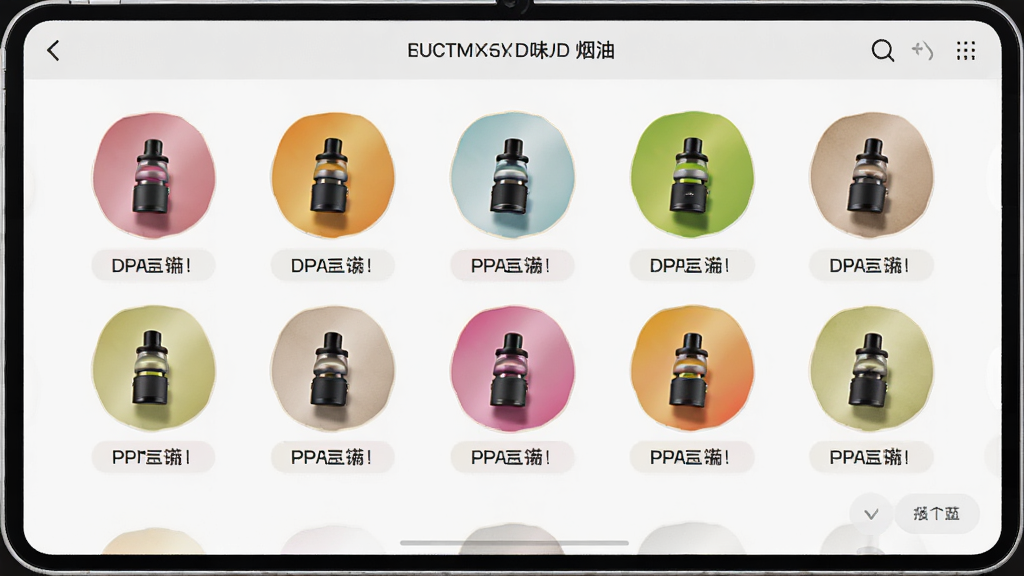 电子烟模拟器烟油口味选择界面,各种口味图标排列,色彩鲜艳,标签清晰,背景为浅色,UI设计现代,高清,干净无多余元素