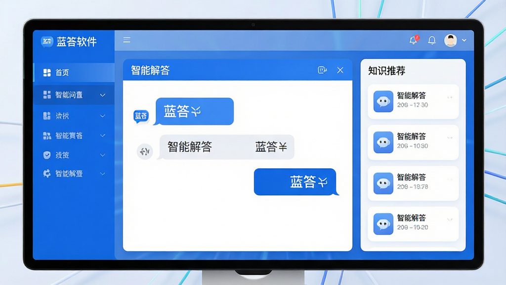 主体:蓝答软件界面,展示智能问答场景。布局:中央为对话窗口,左侧为功能导航栏,右侧为知识推荐区。排版:现代简约,卡片式设计,信息清晰。风格:科技感与亲和力结合,蓝色主题色调。细节:对话气泡中显示“蓝答”字样,屏幕上有“智能解答”文字。画质:高清渲染,色彩明快,干净无多余元素。