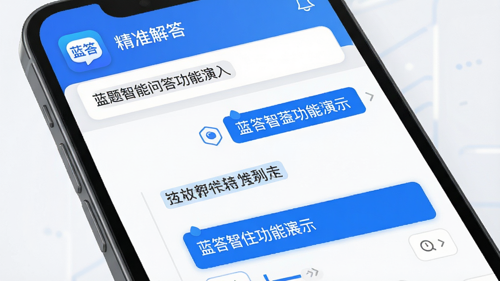 主体:蓝答智能问答功能演示。布局:手机屏幕显示问答界面,上方为问题输入框,下方为结构化答案展示。排版:简洁清晰,答案分段呈现。风格:现代扁平化,蓝色高亮关键词。细节:屏幕上有“蓝答”应用图标和“精准解答”字样。画质:高分辨率,界面清爽,无多余元素。
