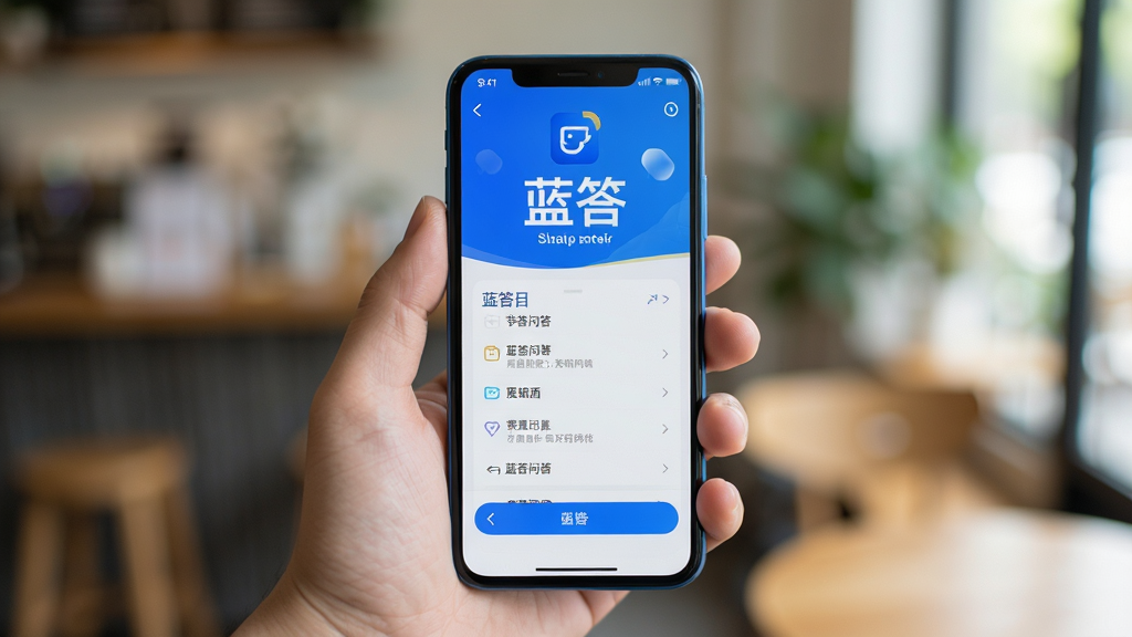 主体:蓝答手机使用场景。布局:一只手拿着手机,屏幕上显示蓝答问答界面。排版:居中构图,背景虚化。风格:生活化,自然光。细节:屏幕上有“蓝答”应用界面。画质:高清摄影,干净无多余元素。