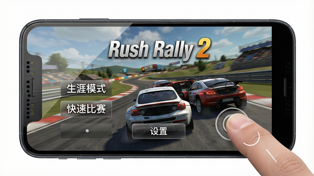 主体为手机横屏游戏画面,屏幕显示“Rush Rally 2”游戏主菜单,背景是赛道与赛车。布局为手机居中,周围有散热孔与手指触控示意。排版直观,屏幕上有“生涯模式”“快速比赛”“设置”等中文按钮。风格写实,光线均匀,细节包括手机边框、屏幕反光、手指触碰位置。画质高清,干净无多余元素。