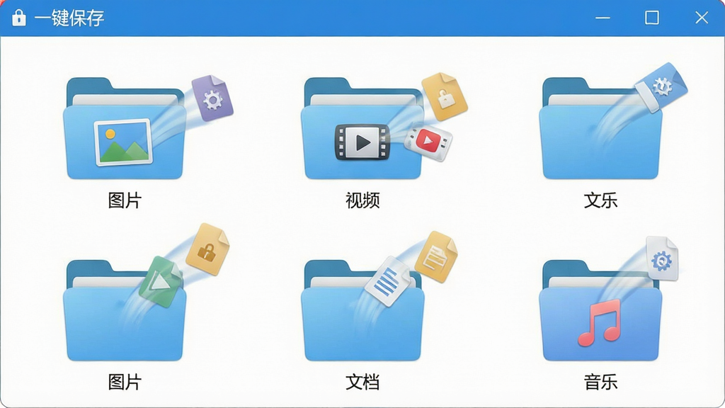 一张展示“一键保存”软件自动分类文件功能的界面截图,界面中显示多个文件夹图标,分别标注“图片”、“视频”、“文档”、“音乐”,每个文件夹上有文件飞入的动画轨迹,整体色调清新,布局整齐,画质干净,无多余元素,文字标注“一键保存”