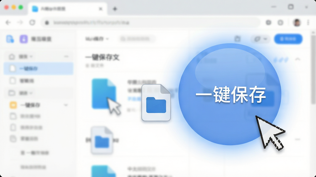 一张展示“一键保存”悬浮球拖拽保存文件的动态效果图,背景为模糊的浏览器窗口,一个半透明的蓝色圆形悬浮球位于屏幕边缘,一个文件图标正被鼠标拖向球体,球体周围有淡淡的光晕,画面清晰,风格简洁,画质干净,无多余元素,文字标注“一键保存”
