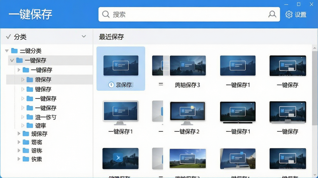 一张展示“一键保存”软件主界面的高清截图,界面简洁明亮,左侧为分类文件夹树,右侧为最近保存的文件缩略图列表,顶部有醒目的搜索框和设置按钮,整体风格现代,蓝白配色,画质干净,无多余元素,文字标注“一键保存”