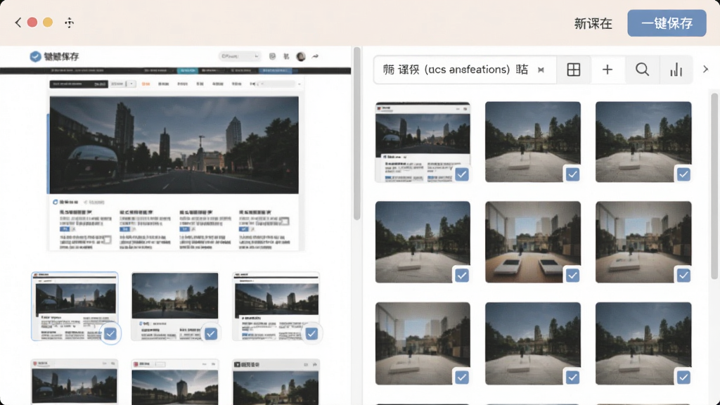 一张展示“一键保存”批量捕获网页图片功能的界面截图,左侧为网页缩略图,右侧为图片列表,每张图片右下角有勾选框,列表上方有筛选条件栏,界面简洁,配色柔和,画质干净,无多余元素,文字标注“一键保存”