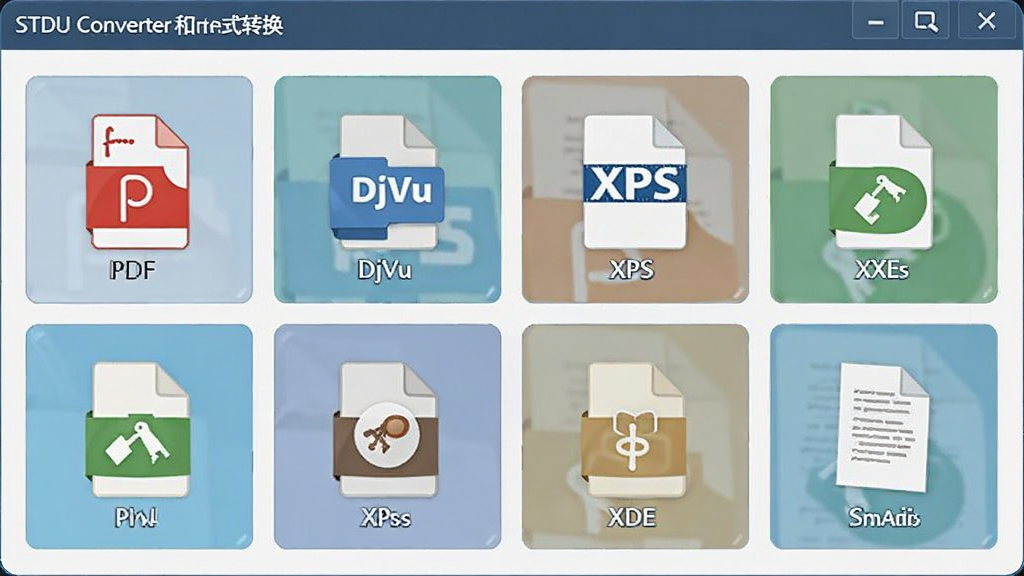 STDU Converter格式转换界面,显示多种输入格式选项,包括PDF、DjVu、XPS等图标,布局采用网格排列,风格简洁现代,色调清新,细节清晰,画质干净无多余元素