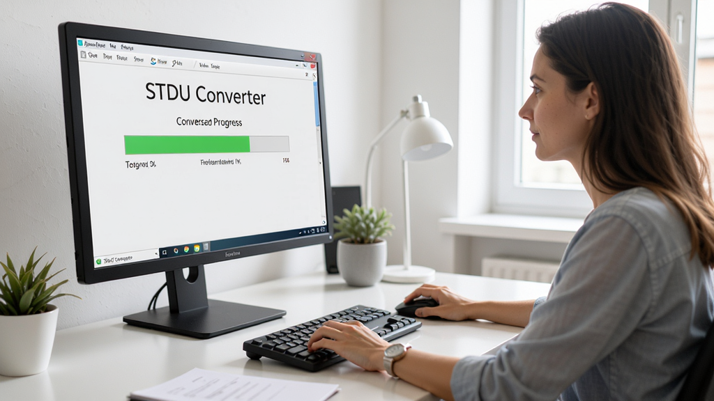 STDU Converter使用场景,展示用户正在电脑上操作软件,屏幕显示转换进度,桌面整洁,光线明亮,风格写实,细节清晰,画质高清,干净无多余元素