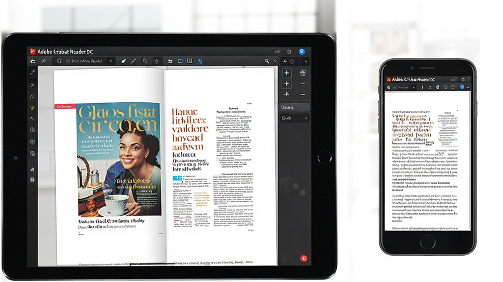 图片主体是“Adobe Acrobat Reader DC”软件在平板电脑和手机上同时打开同一份PDF文档的对比场景。布局采用左右分屏,左侧为平板电脑,右侧为手机,屏幕上都清晰显示软件界面和文档内容。风格为现代商务风,背景简洁明亮。细节上,平板电脑屏幕上显示彩色杂志排版,手机屏幕上显示文字文档,软件界面顶部有菜单栏和缩放工具。画质清晰,色彩自然,干净无多余元素。