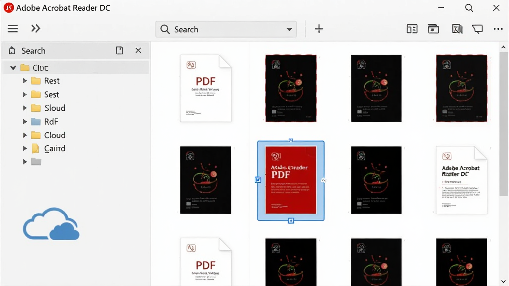 图片主体是“Adobe Acrobat Reader DC”软件内的文件管理界面。布局为左侧是文件夹和云存储的侧边栏,右侧是文件列表缩略图,顶部是搜索和排序工具栏。风格为简洁的扁平化设计,背景为浅灰色。细节上,文件缩略图显示PDF封面,其中一个文件被选中并高亮显示,工具栏上有放大镜图标和视图切换图标。画质高清,界面干净,无多余元素。