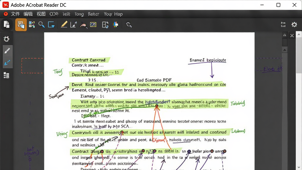 图片主体是“Adobe Acrobat Reader DC”软件在电脑上运行的截图,屏幕上显示一份带有高亮和注释的PDF合同文档。布局为中心构图,软件窗口占满大部分屏幕,窗口右上角有关闭和最小化按钮。风格为写实风格,界面清晰。细节上,文档文字清晰可辨,顶部菜单栏有“文件”、“编辑”、“视图”等选项,工具栏上有高亮、批注等图标。画质高清,色彩柔和,干净无多余元素。