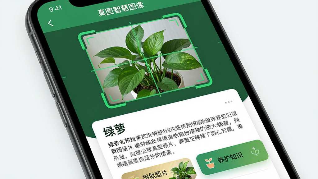 主体:一张手机屏幕截图,屏幕中展示“真图智慧图像”正在进行植物识别的结果页。布局:屏幕上方是一张清晰的绿萝植物照片,照片四周有扫描的绿色网格线,屏幕下方是识别结果卡片,显示“绿萝”名称及详细百科介绍。排版:上下结构,信息层级分明。风格:拟物化与扁平化结合,色彩生动。细节:识别结果卡片上附带有“相似图片”与“养护知识”的快捷入口。画质:细腻,干净,无多余元素。
