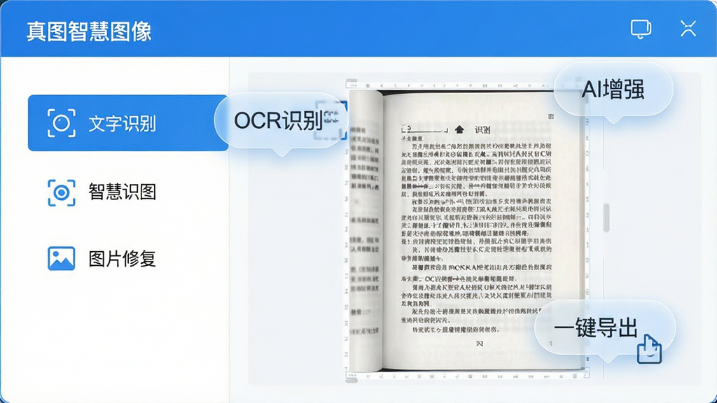 主体:一款名为“真图智慧图像”的软件界面展示图,界面干净整洁。布局:左侧为功能列表,包含“文字识别”、“智慧识图”、“图片修复”等选项,右侧为图片预览区,展示着一张含有清晰文字的书籍扫描页。排版:界面元素排列有序,功能图标与文字标签清晰对应。风格:扁平化设计,主色调为清新的蓝白配色,科技感十足。细节:屏幕中悬浮着几个半透明的功能气泡,分别标注“OCR识别”、“AI增强”、“一键导出”。画质:超高清,干净,无多余元素。