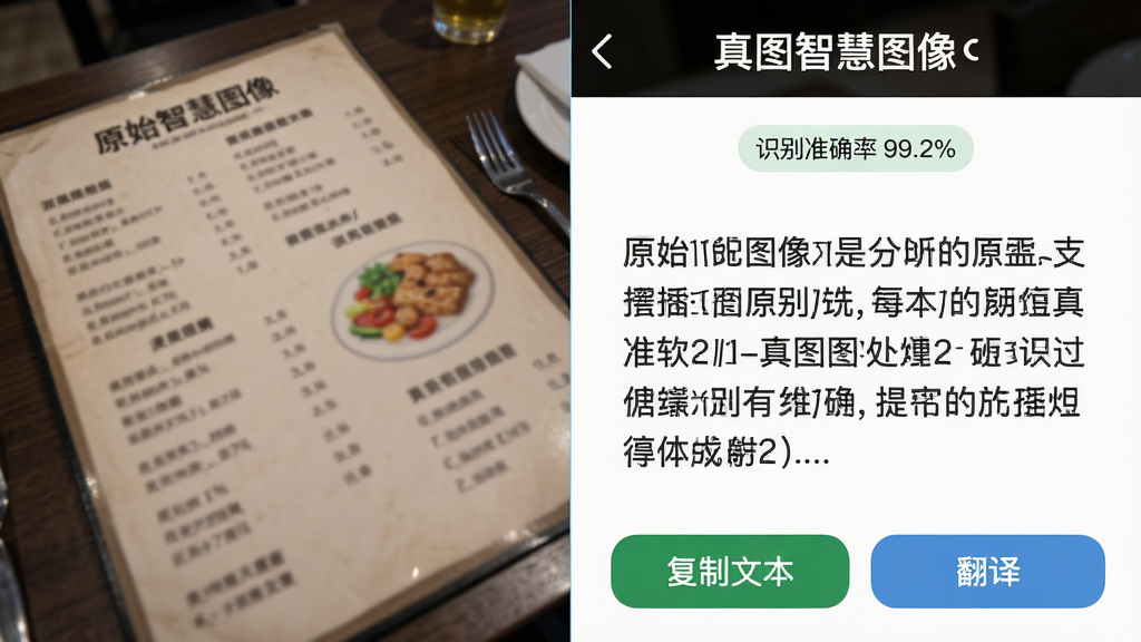 主体:一张对比图,左侧为一张有些模糊的餐厅菜单照片,右侧为经过“真图智慧图像”处理后的清晰文字提取结果。布局:左右分栏布局,左侧是带有多角度倾斜的原始图片,右侧是排版整齐的纯文本识别结果,并伴有“复制文本”、“翻译”的功能按钮。排版:对比强烈,突出软件的处理能力。风格:写实风格,模拟真实使用场景。细节:右侧识别文本上方标注“识别准确率 99.2%”的标签。画质:高清晰度,干净,无多余元素。