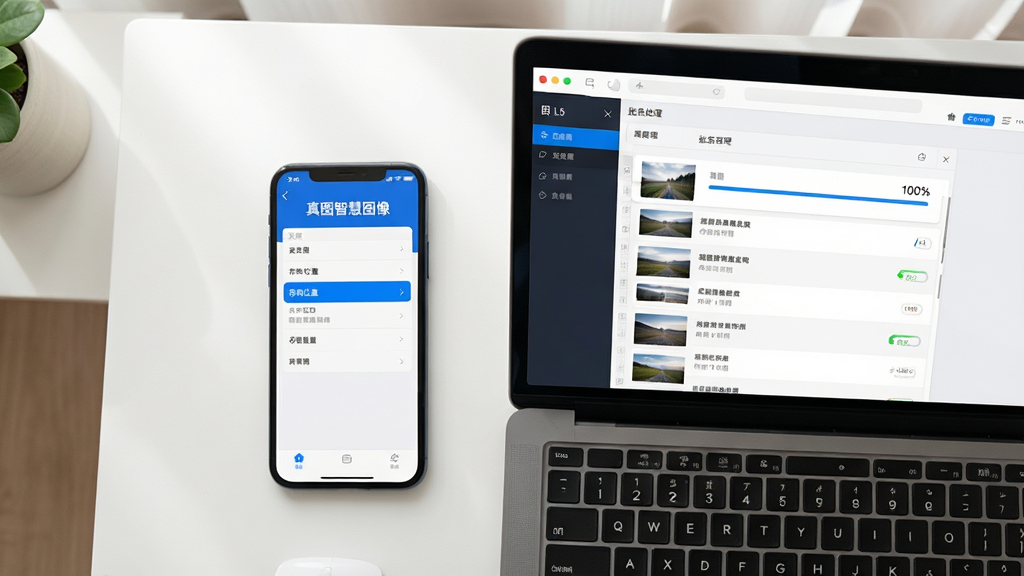 主体:一张智能手机与一台笔记本电脑并排放在书桌上的俯视图。布局:手机屏幕显示“真图智慧图像”的设置界面,电脑屏幕显示软件正在批量处理图片的任务队列。排版:设备居中,周围留白,突出主体。风格:生活化场景,光线自然柔和。细节:手机屏幕上的设置选项高亮显示“存储位置”,电脑屏幕上的任务进度条显示100%。画质:4K高清,干净,无多余元素。