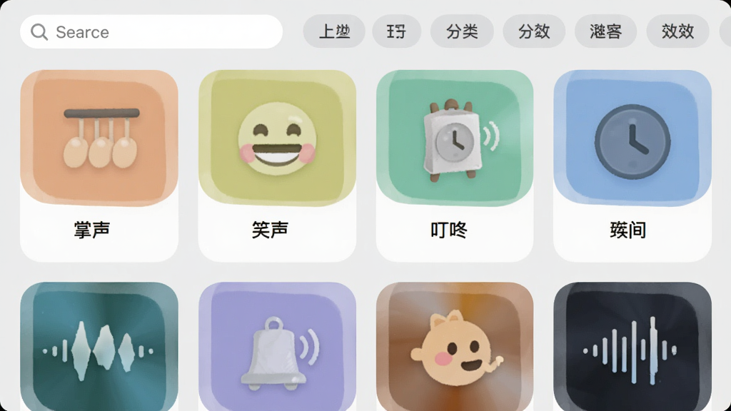 展示Growly音效库浏览界面的示意图,界面以网格形式展示各种音效卡片,每个卡片上有音效名称和图标,如“掌声”、“笑声”、“叮咚”,顶部有搜索框和分类标签,背景为浅灰色,卡片圆角设计,色彩柔和,排版整齐,画质干净,无多余元素