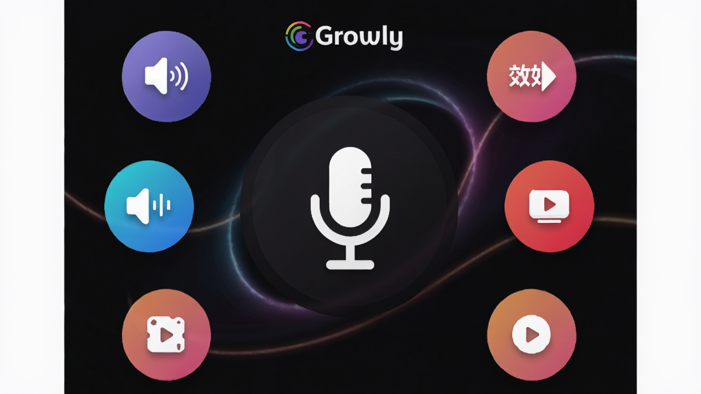 一张展示Growly应用主界面的高清截图,界面采用深色主题,中央有一个醒目的麦克风图标,四周环绕着变声、音效、录音等圆形功能按钮,布局简洁现代,图标色彩鲜艳,背景带有微弱的动态光效,整体风格年轻时尚,画质清晰,干净无多余元素