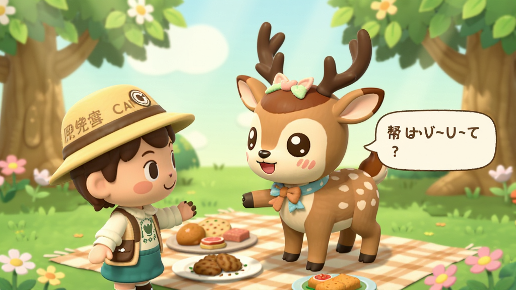 主体:Pocket Camp C 动物互动场景,展示玩家角色与一只可爱的小鹿对话。布局:画面中央是动物角色,玩家角色在左侧,周围有野餐垫和食物。排版:采用对话视角,动物表情生动,对话气泡显示友好内容。风格:治愈卡通风格,色彩柔和,画面温馨。细节:动物穿着可爱配饰,场景有树木和花朵,阳光透过树叶洒下。画质:高清渲染,细节丰富,画面干净,无多余元素。
