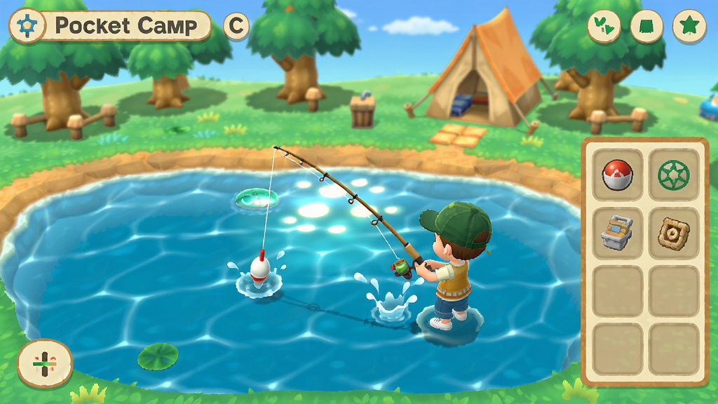 主体:Pocket Camp C 游戏操作界面,展示玩家在营地进行钓鱼活动。布局:画面中央是池塘,玩家角色手持钓鱼竿,右边有道具栏。排版:游戏内截图,操作提示清晰,水面波光粼粼。风格:清新自然风格,色彩明快。细节:鱼漂浮动,水花四溅,背景有树木和帐篷。画质:高清画面,细节生动,干净整洁,无多余元素。