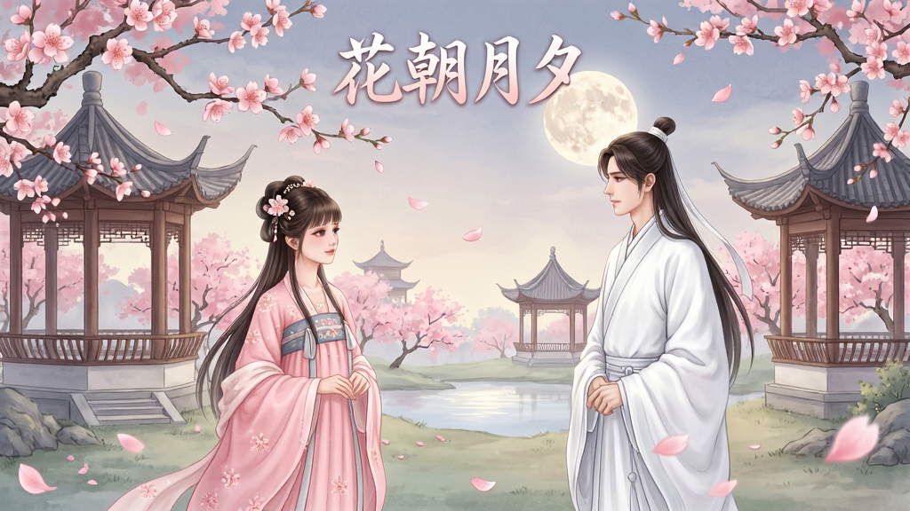唯美古风恋爱手游《花朝月夕》主视觉图,主体为一名身着粉色汉服的少女站在满树桃花下,与一名白衣公子遥遥相望,画面构图以对称式布局,前景是飘落的花瓣,中景是男女主角,背景是亭台楼阁与圆月,整体采用工笔画风格,色彩柔和淡雅,细节精致,画质高清,画面干净,无多余元素,图中文字“花朝月夕”置于画面顶部中央